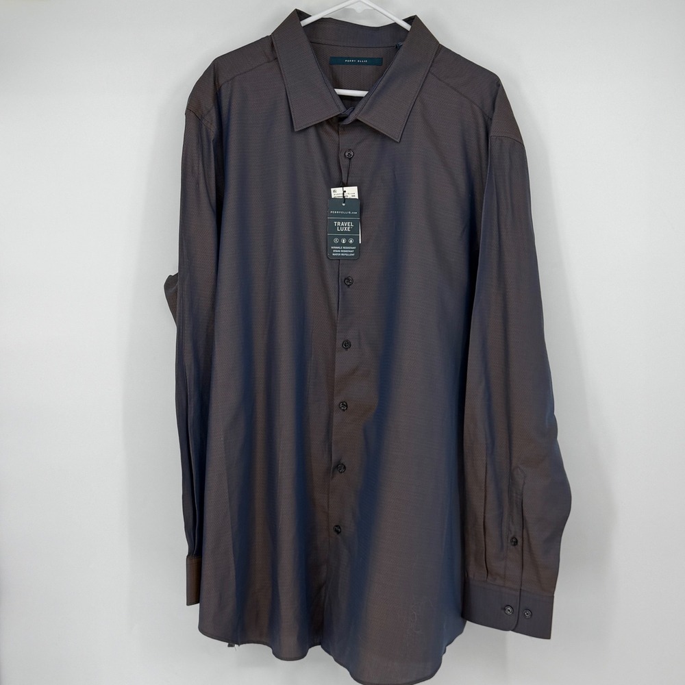 Perry Ellis Travel Luxe Button Down Shirt Mens 3X Brown Blue Micro Pattern NWT